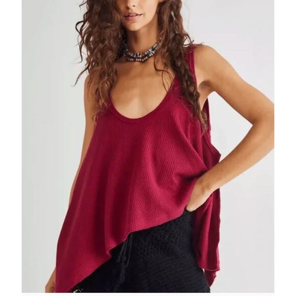 Free People Tank Top Womens Medium Red Sing La La Boho Cropped Festival Oversize - Picture 1 of 10